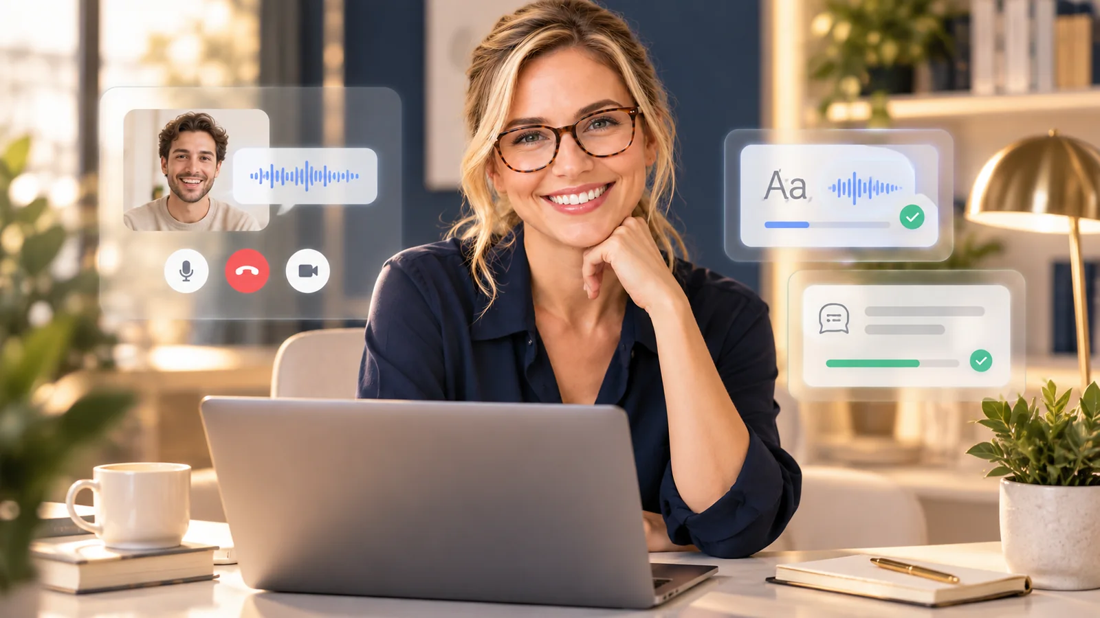 Teacher Sue em uma experiência visual de conversação por voz e feedback